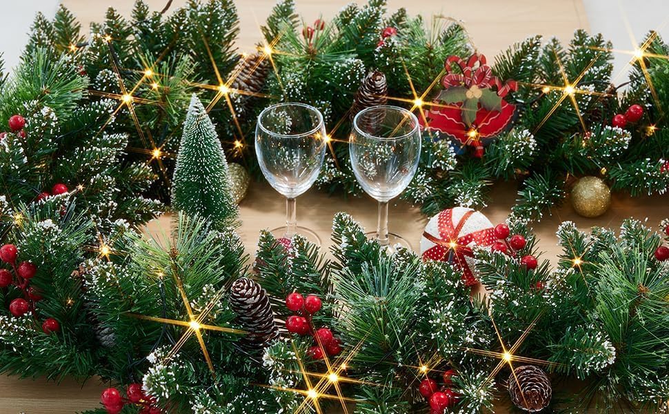 9ft Prelit Christmas Garland with Lights, Battery Operated Lighted Garland Pine Cones & Red Berries, Christmas Decoration for Mantle, Fireplace Indoor & Outdoor （Pine）